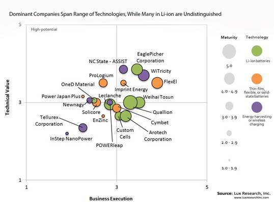 Dominant companies span range of technologies, while many in Li-ion are undistinguished